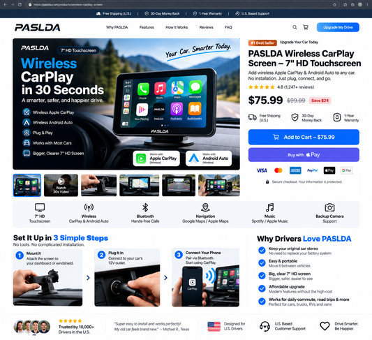 PASLDA wireless CarPlay screen 7 inch HD touchscreen for cars