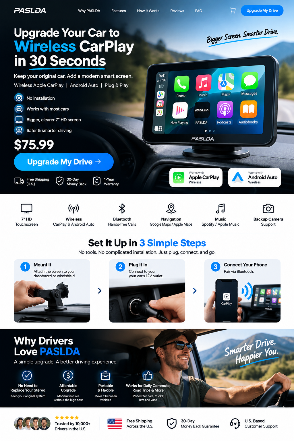 PASLDA wireless CarPlay landing page hero